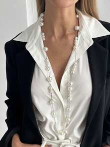 1 Peça Colar de Contas de Pérolas Falsas Elegante e Vintage, Colar Longo de Estilo Barroco com Borla de Pérolas, Adequado para Uso Diário, Casamento, Feriados e Festas de Mulheres - Branco - Visão 1