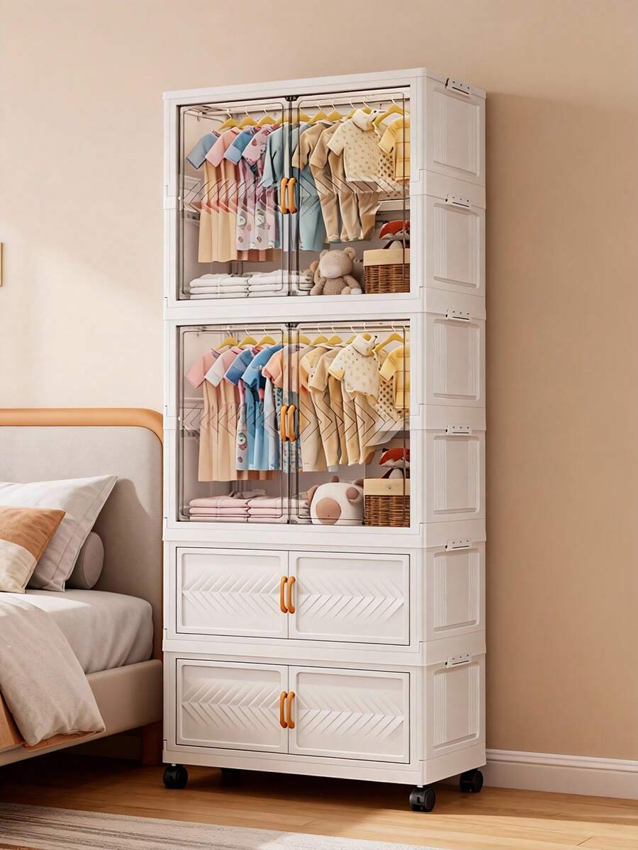 1pc Foldable Portable Wardrobe Organizer Rack, Independent Plastic Wardrobe Storage Box, Clothing Cabinet Divider Storage Box, Foldable Portable Design, Bedroom Storage Rack, No Gold Pipe, Vertical Shelf, Decorative Furniture Storage Cabinet - Color Mixing - View 1