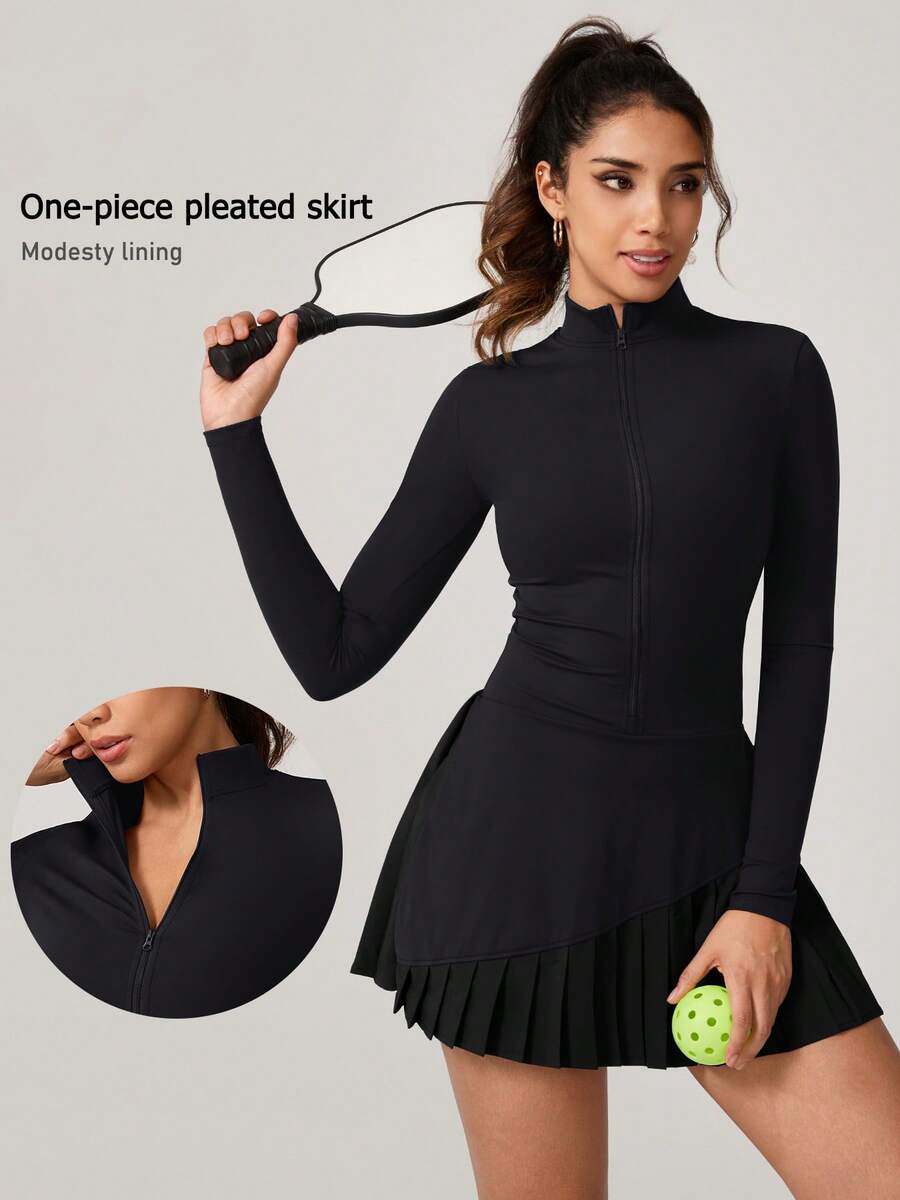 NcmRyu 1pc Women's Fashion Mock Neck Half Zip Pleated Hem Anti-Flashing Safety Shorts Waist Cinched Sports Jumpsuit Dress - View 1