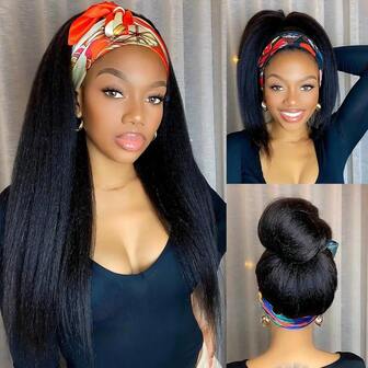 女士蓬松直发发箍式合成假发，Yaki直发假发，配黑色发箍，易于造型，无蕾丝前额，无需胶水