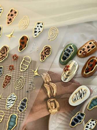 1pc French Leopard Print With Gold Jelly Butterfly Wings Irregular Geometry 5D Nail Stickers Edgy Animal Chic Self Adhesive Nail Art For Women's Bold Fashion Manicure Decoration