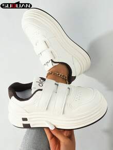2026 New Women's Double-Buckle Hook And Loop Platform White Sneakers Height Boosting Slim-Leg All-Season Casual Commute Shoes - Beige Brown - View 2