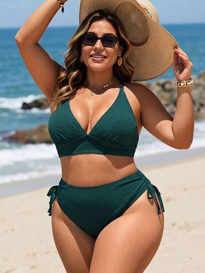 Swim Lushoire Plus Size Adjustable 3D Texture Fabric Swimsuit Set, Vacation For Summer