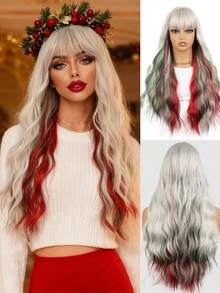 Billowig Long Curly Red Green Highlight Christmas Siler White Wigs Natural Heat Resistant Fibre Wet Wave Grey White Ombre Women Wigs For Holiday Festival Christmas Daily Party Daily Used