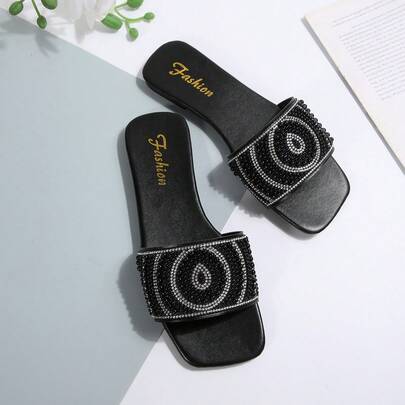 Sandalias planas para mujer de talla grande, estilo de vacaciones, casuales y versátiles, con decoración de rhinestones, tipo slip-on