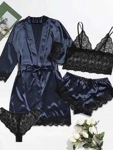 Women's Sexy Satin Lace Lingerie Set – Wine Red Nightwear With Robe , Bralette, Shorts & Panty For Romantic Atmosphere - 藍色 - 查看 6