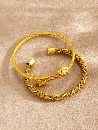 2pcs Unisex Stainless Steel Twist Bangle Bracelet Set, Unique Lion Head Design With Braided Elements, Fashion Accessory For Dates, Parties, Gatherings, Couples, Vintage Style Versatile Jewelry