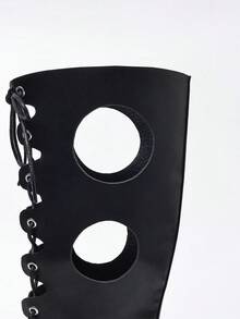 Black Perforated Asymmetrical Thong Low Heel Round Toe Versatile Elegant Minimalist Summer Vacation Fashion Women Sandals - Black - View 5