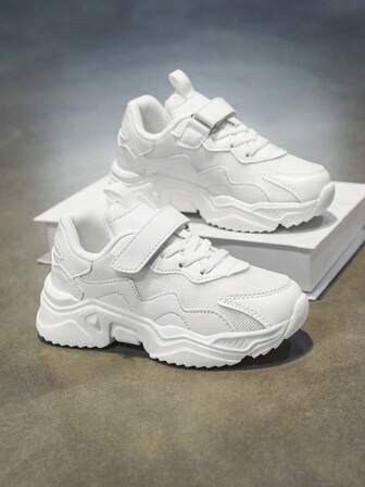 All-Season Children's Casual Thick-Sole Sports Shoes, Adjustable Hook-And-Loop Closure For Easy On/Off, Solid Color Upper, Thick Non-Slip Durable Outsole, Suitable For Student Sports, Fashion Versatile Sneakers