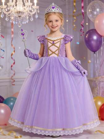 Young Girl Purple Elegant Mesh Sequin Cap Sleeve Princess Dress, With Crown, Magic Wand, Necklace, Bracelet, Earrings, Ring, Gloves Accessories Set, Suitable For Outings, Parties, Birthday, Princess Party, Stage Performance And Other Events