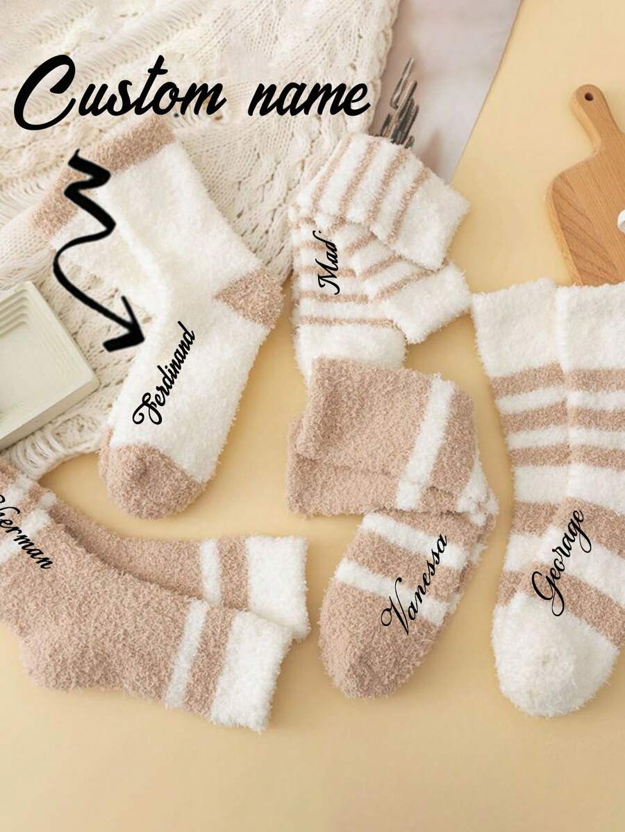 Custom Embroidered Name Women's Stockings, ,Festive Velvet Socks,White Fuzzy Embroidered Festive Socks,Autumn/Winter Women Heart Embroidery Mink Plush Socks, Hand Washable Holiday Socks,Christmas Stockings,Chic Fall And Winter,Valentine's Day, Christmas, And Thanksgiving,Her, Fall, Chic Fall And Winter - Multicolor - View 1