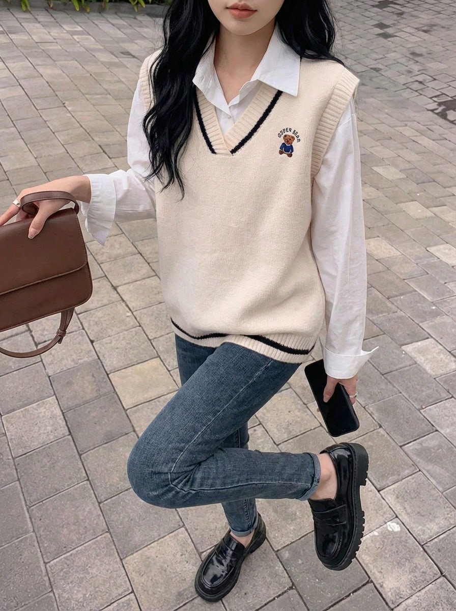 Rikumo 精致卡通图案V领套头背心 冬季款