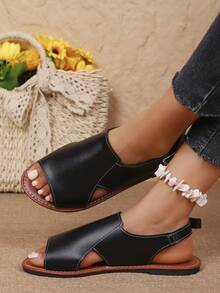 女士休闲搭扣设计时尚平底凉鞋，适合日常穿着 - 黑色 - 查看 4