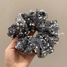 1pc Vintage Black, Red, Gray Sequin Extra Large Hair Scrunchie, Ponytail Holder, Hair Tie, Hair Accessory, Elegant Hair Flower ,Scrunchy Head Accessories - 1 Item - View 5