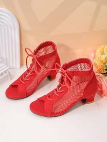 1 par de sandalias de tacón bajo con abertura en los dedos, de malla roja y cordones, para niñas mayores, transpirables, para fiestas y eventos - Rojo - Ver 5