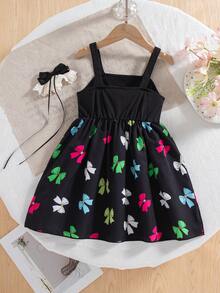 女童休闲蝴蝶印花无袖及膝喇叭裙，夏季 - 黑色 - 查看 2