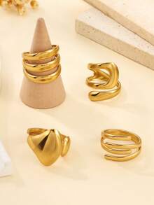 4pcs Stainless Steel Gold-Tone Multi-Layer Asymmetrical Open Ring Set, Suitable For Women's Daily Decoration Or Gift - Yellow Gold - View 4