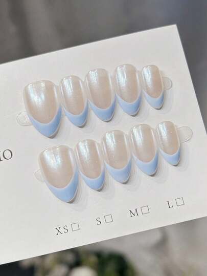 10pcs Handmade Almond-Shaped Short Nail Stickers, Minimalist Nude Pink Nails, Blue French Tip Nails, Metallic Glitter Nails, Minimalist Elegant Handmade Autumn Nails, Autumn Nail Stickers, Valentine's Day Nails, Y2K Style Holiday Party Nails, Daily Date, Beach Vacation Applicable, DIY Fake Nail Art, Suitable As Gift For Women And Girls Handmade Press On Nails