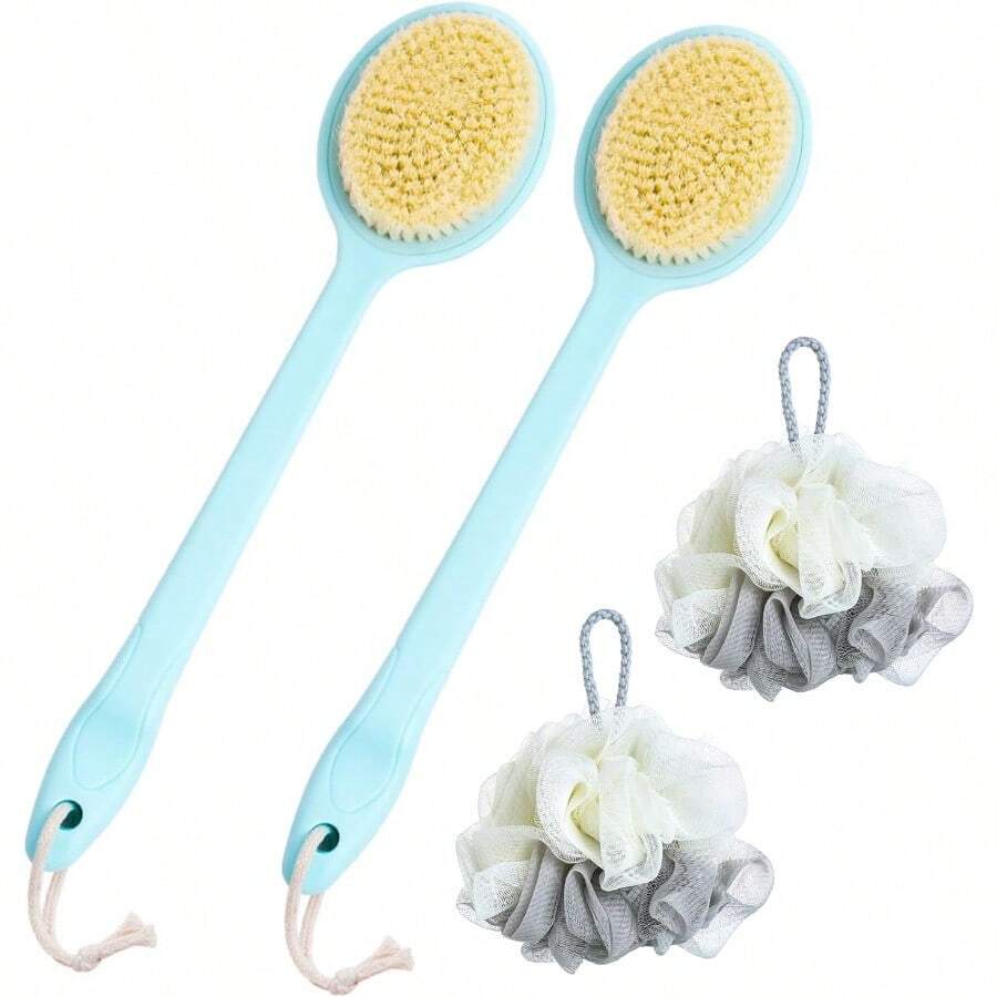 Cepillo corporalcepillo corporal para baño cepillo para la espalda ducha 2 cepillos. El diseño con mango largo doblado ayuda a limpiar la espalda. Con 2 bolas de baño Azul - Azul - Ver 1