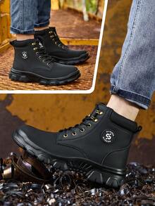 UMBURLLY 1 Pair Solid Color Utility Style Faux Leather Lace-Up Men's Safety Shoes, Anti-Smash, Anti-Puncture, Outdoor Work Shoes, Autumn/Winter - màu đen - Xem 6
