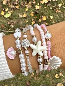 5pcs/Set Minimalist Starfish, Bead, Bowknot, Seashell Charm Bracelet Set, Versatile Beach Holiday Accessories, Perfect Gift (Handmade Beads Quantity May Vary Slightly) - 30848-bra-pink-eP - View 3