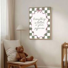 1pc Framed/Unframed Everything Is Better In Your Pyjama Canvas Poster Green Checkered Pink Bow Typography Quote Wall Art Print Minimalist Girly Room Aesthetic Decor Painting For Dorm, Living Room, Bedroom, Modern Home Decoration