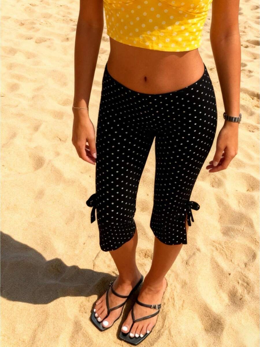 Womens Dot Print Capri Pants With Bows Mid Rise Side Split Long Shorts Tights Casual Work Leggings Sweatpants For Outdoor Office Comfy Sleepwear For Lounge And Yoga - 黑色 - 查看 1