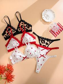 3pcs/Set Women Lace Patchwork Heart & Bow Sexy Lingerie Set (Bra & Panty) - Multicolor - View 3