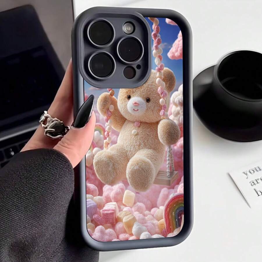 Cubierta de teléfono con diseño de oso de peluche rosa y arcoíris para iPhone 14 Pro Max funda protectora con estampado de dulces y nubes para uso diario y regalo - Burdeos - Ver 1