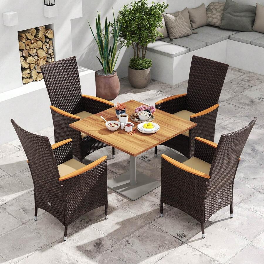 Lifezeal Patio Rattan Chairs Set Of 2/4 With High Backrest & Acacia Wood Armrests, Cushion - Beige and Brown - 查看 1