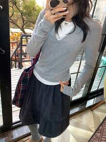 质感天鹅绒高腰A字迷你裙，小众设计，深灰色 - 灰色 - 查看 4