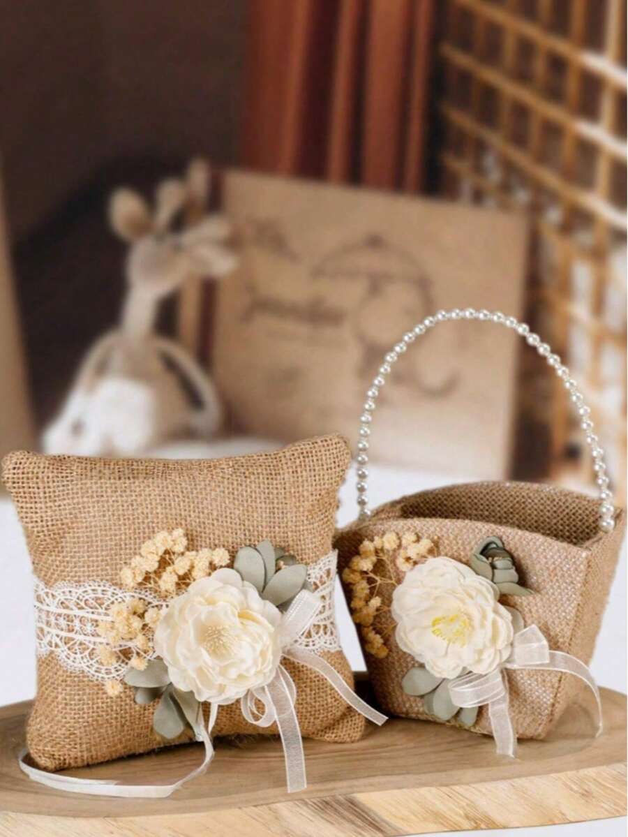 Cesta de flores rústica para niña, cesta floral de arpillera, suministros para bodas, cesta de boda para la novia - Multicolor - Ver 1