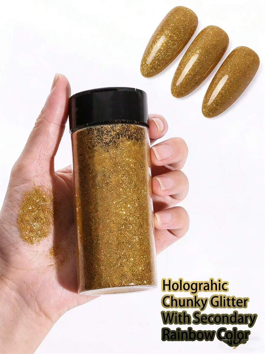 80g/2.85oz Holographic Ultra Fine Glitter, 1/128" Resin Glitter Sequins, Suitable For Tumblers, Resin Crafts, Slime, Nail Art, Holiday Decorations, Christmas Ornaments - 金色 - 查看 1