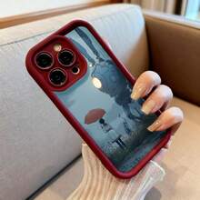 Cubierta de teléfono con diseño de anime para iPhone 14 Pro Max Negro con estampado de niña con paraguas y robot gigante en campo de flores Ideal para amantes de la ciencia ficción y arte anime - Burdeos - Ver 6