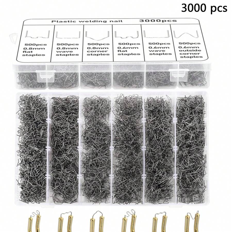 3000 PCS Plastic Welding Staples With Storage Box, 6 Different Shapes Hot Staples For Repair All Car Bumpers Cracks, Collated Staples, Daily Plastics Welder Supplies For Decoration, Auto Repair, Architectural Modelling, Toy Manufacturing, Etc. - 銀色 - 查看 1