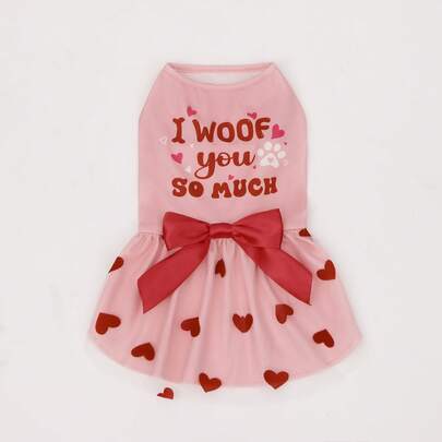 1pc Pet Dog Dress, Valentine's Day Heart & Letter Print Pattern, Waist Bow Tulle Dress, Valentine's Day Pet Costume Apparel, Suitable For Small/Medium Dogs & Cats, Holiday And Party Wear, Valentine's Day Gift