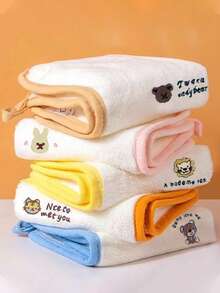 5条珊瑚绒卡通动物刺绣毛巾（9.84*9.84英寸），柔软吸水，方形面巾，可爱卡通图案，便携旅行装 - 彩色 - 查看 16