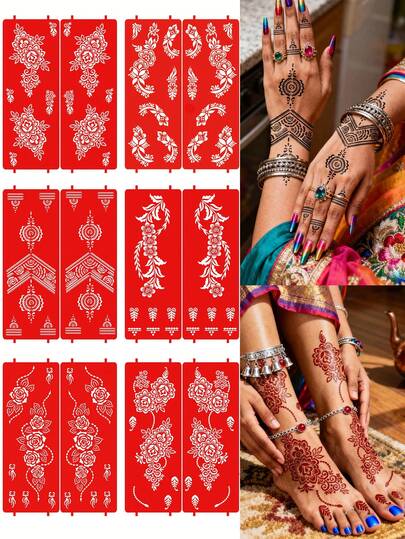 Hana Hand-Drawn Hollow Floral Tattoo Stencil - Sexy Floral Pattern, Suitable For Hands, DIY Painting, Ink, Reusable Mandala Design Template Stickers, Suitable For Women Body Party Makeup