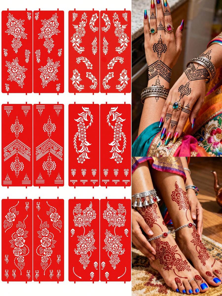 Hana handgezeichnete Cut Out Blumen Tattoo Schablone - Sexy Blumen Muster, geeignet für Hände, DIY Malerei, Tinte, wiederverwendbare Mandala Design Vorlage Aufkleber, geeignet für Frauen Körper Party Make-up - Rot - Übersicht 1