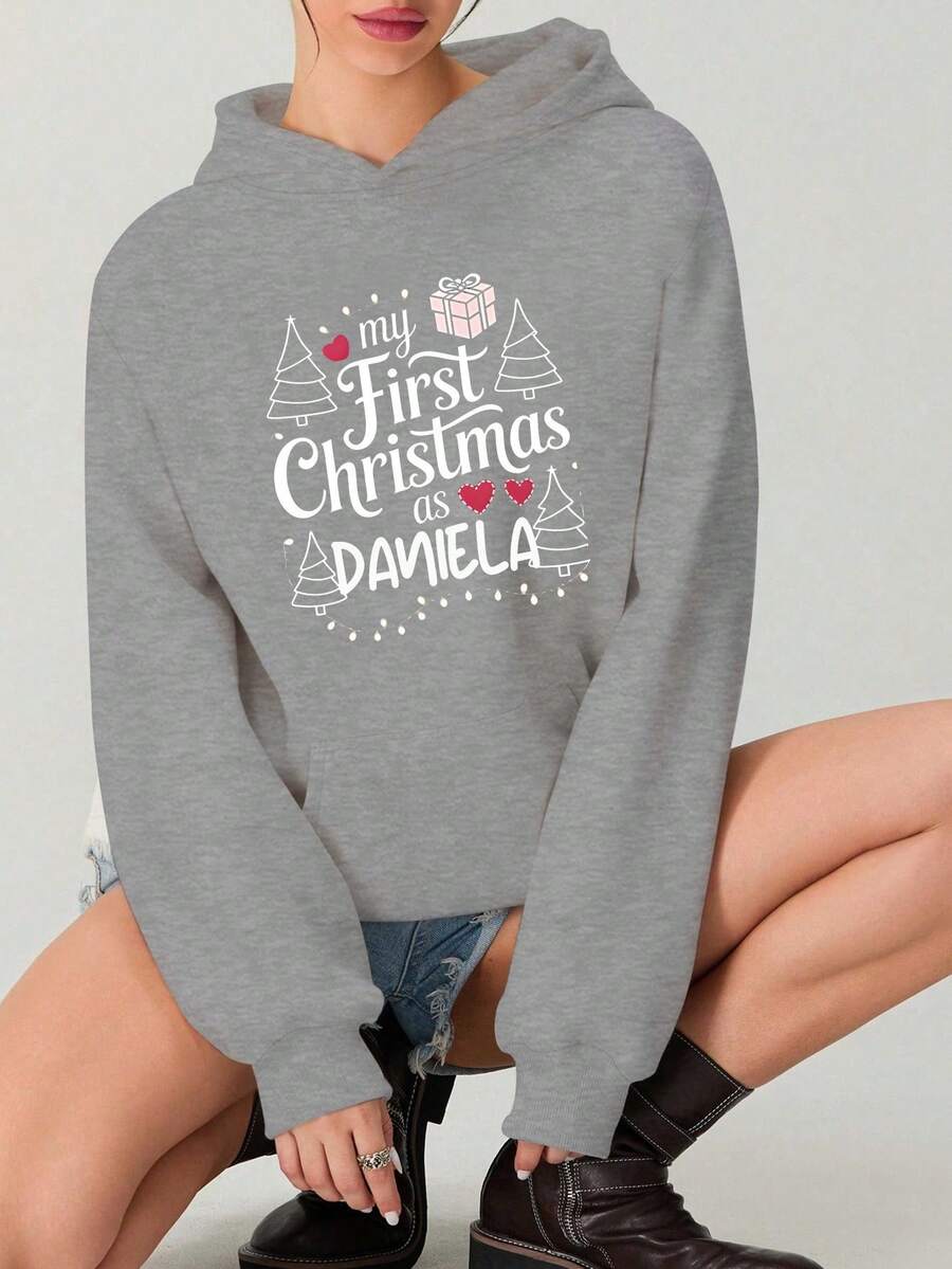Women's 'My First Christmas: Daniela' Hoodie - Customizable Name/Number/Date, Comfortable Winter Pullover With Pockets, Casual Christmas Outfit, Machine Washable Hoodie Suitable For New Identity Identification (Autumn/Winter Style) - 灰色 - 查看 1