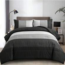 Black Comforter Set Queen Size,Reversible Black Grey Stripe Down Alternative Comforter For All Season,3 Pieces(1 Comforter+2 Pillowcases), Soft Microfiber Bedding Set 90"*90". Home Decor Home Decor Bed Comforter Set Mothers Day Gift. - 黑色 - 查看 13