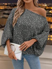 Keke Bloomly Women's Loose Romantic Asymmetric Shoulder Design Flare Sleeve T-Shirt, Unique Shiny Top Made Of Tiny Reflective Sequins, Suitable For Daily Outings, Parties, Back To School Season And Gatherings, Fashionable And Versatile - Grey - View 6