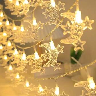 1pc 10/20/30/40 Mubarak Moon And 3 Star Eid String Light Ramadan Decorative Hanging Lamp Battery Powered For Home Bedroom Balcony Party Ramadan Festival Decoration