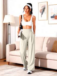 Women's High Waist Solid Color Loose Wide Leg Yoga Pants With Side Pockets, Casual Joggers For Daily Wear, Autumn, Fashionable Solid Color Loose Wide Leg Pants, Elegant & Minimalist - Light Grey - View 5