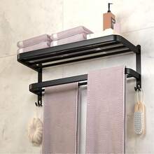 23.6 Inch Black Towel Rack, Suitable For Bathroom Towel Rack, With Double Bars, Wall Mounted Holder For Washroom, With Hooks, Stainless Steel Hotel Bathroom Rack (15/19/23.6 Inch) - Black - View 7