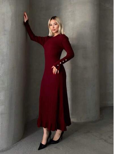 Elegant Women's Long Sleeve Rib Knit Round Neck Sweater Dress With Button Detail