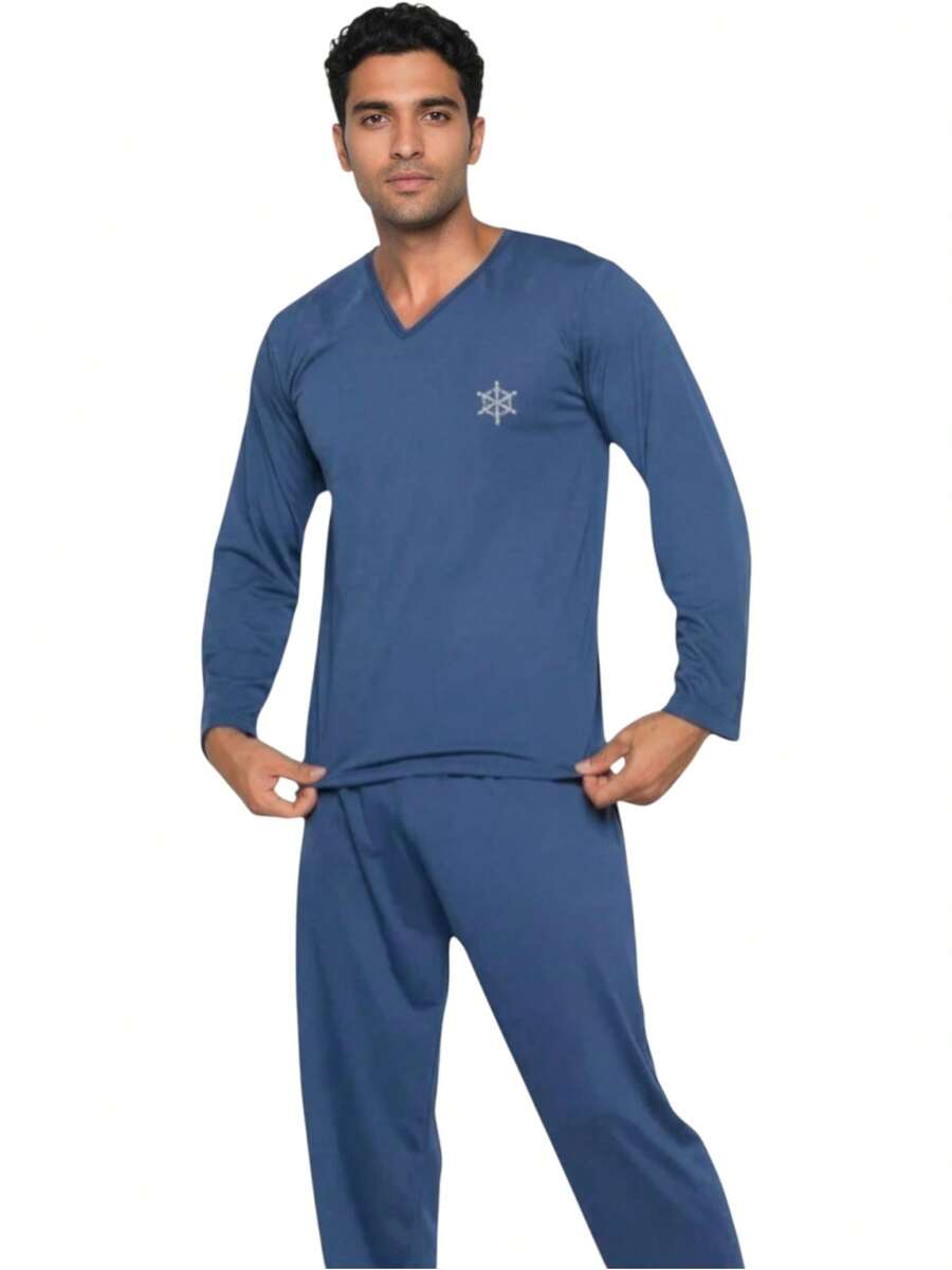 Pijama Masculino Manga Longa de Inverno com Calça Adulto em malha Lisa Premium - Azul - Visão 1