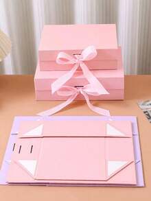1个装丝带礼品包装盒，折叠式蝴蝶结礼品盒，生日礼物，硬质一体式化妆品礼品盒，节日礼品包装盒 - 粉色 - 查看 4