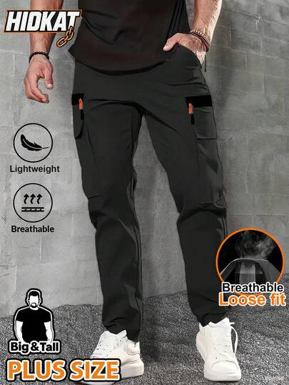 Hidkat Plus Size Men's Outdoor Cargo Pants - Durable Loose Fit, Multi-Pockets, Elastic Waistband With Belt Loops, Lightweight & Breathable, Suitable For Hiking, Camping And Casual Wear Black Spring