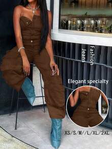 Fashionable Women's Y2K Style Workwear Jumpsuit, Denim Jumpsuit, Denim Workwear, Mid Waist Non Elastic, Waist Cinching And Hip Lifting, Loose And Slimming, Suitable For All Seasons, With Multiple Pocket Design, Practical And Versatile, Suitable For Back To School Season, Work, Rebellious Girls, Outdoor Activities, Travel,Valentine's Day,Clothes,Valentine Outfits For Women, Streets, Nightclubs, Parties, Retro Themed Parties, Fashion Shows,Pantalón Jean Mujer,Women Clothes,Jeans Para Mujer,Pantalones De Mujer Jean,Ropa De Mujer,Tall Jeans Women,Y2k Clothes,Going Out Outfits,Holiday Outfits For Women,Vacation Outfits Women,Club Outfits For Women,New Years Outfit Women,Holiday Outfits For Women - 棕色 - 查看 6